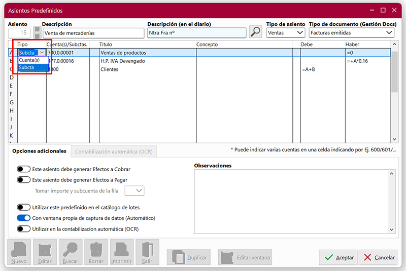 Ventana Asientos Predefinidos en ClassicConta 7.